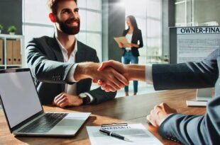 Business owner and buyer shaking hands over a successful sale owner financed.