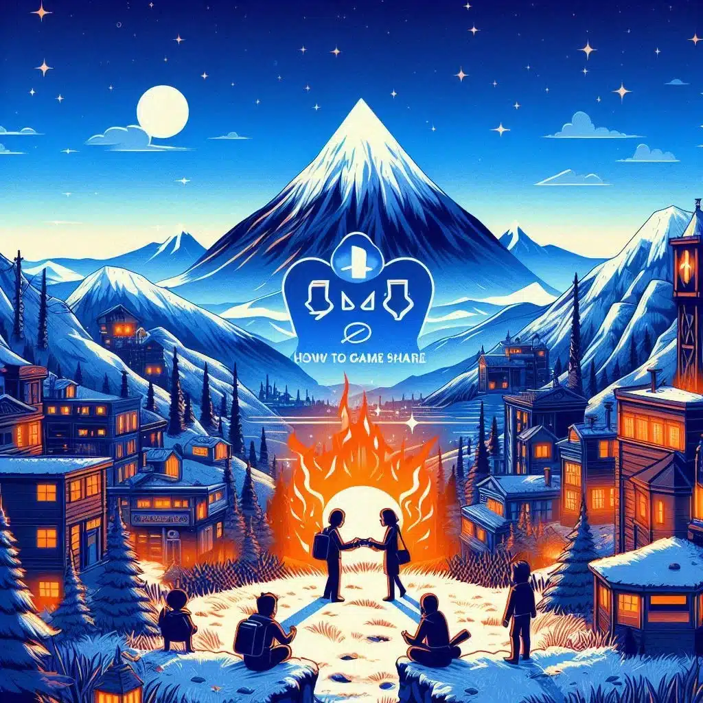 How to Game Share on PS5 illustrated by two players exchanging games in a cozy winter village setting with PlayStation icon over a mountain backdrop